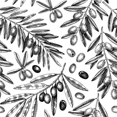 Olives seamless pattern. Olive branches background in vintage style. Hand-drawn vector illustration. NOT AI generated.